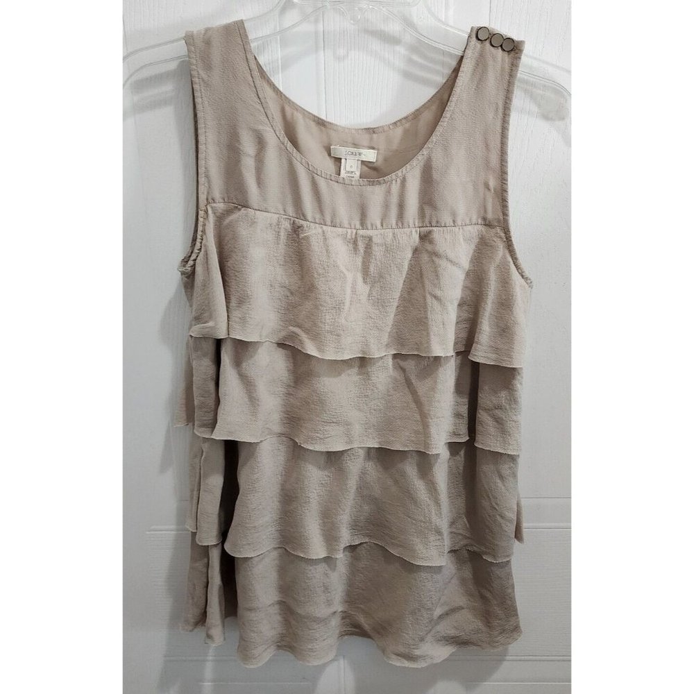 J.‎ Crew 100% Silk Sleeveless Tiered Ruffle Top Women's Sz 0 Beige Button Sleeve